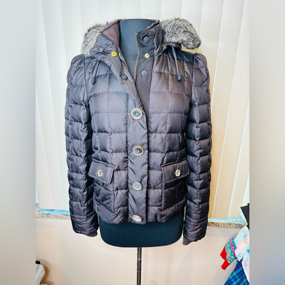 Y2K Juicy Couture Black Puffer Gold Button Removable Hood Jacket Vintage Small